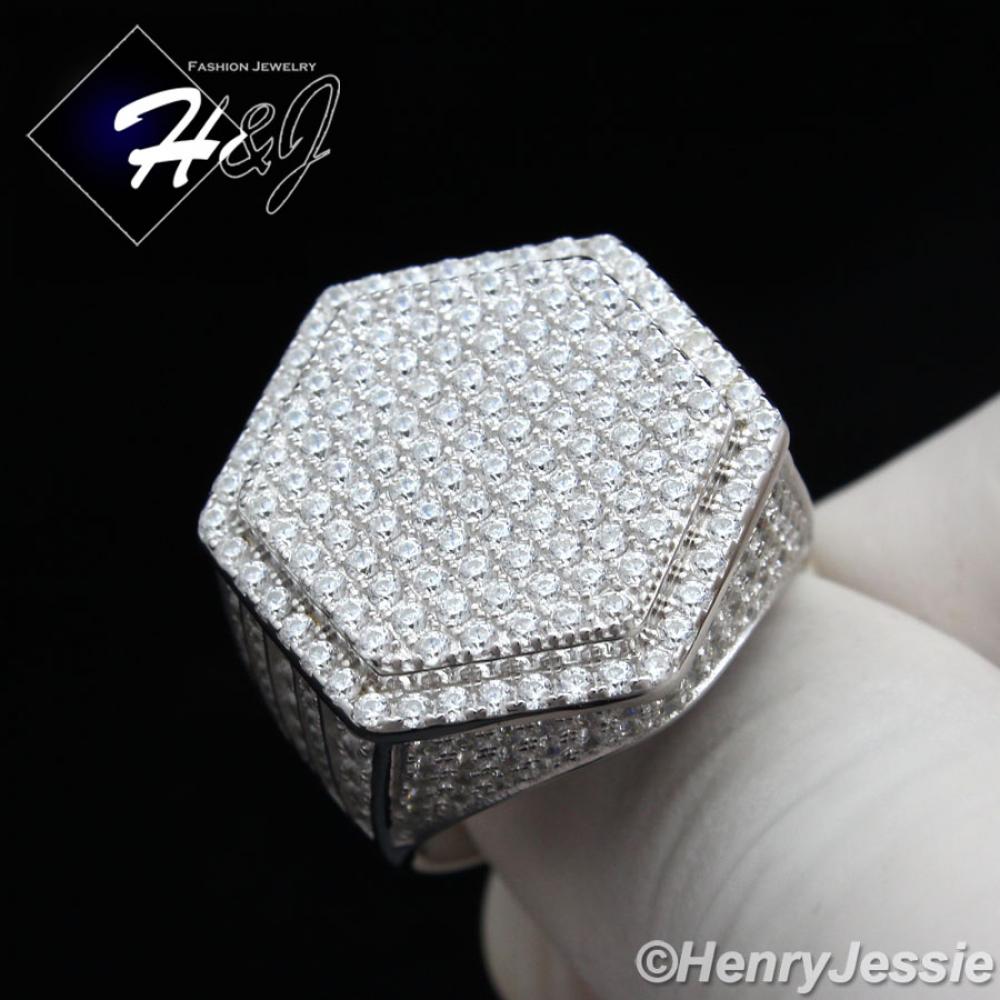 MEN 925 STERLING SILVER LAB DIAMOND ICED HEXAGON BLING RING*SR56
