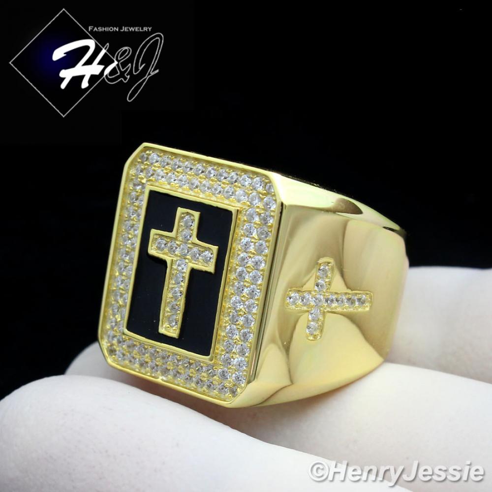 MEN 925 STERLING SILVER LAB DIAMOND ICED BLING BLACK/GOLD CROSS RING*GR58