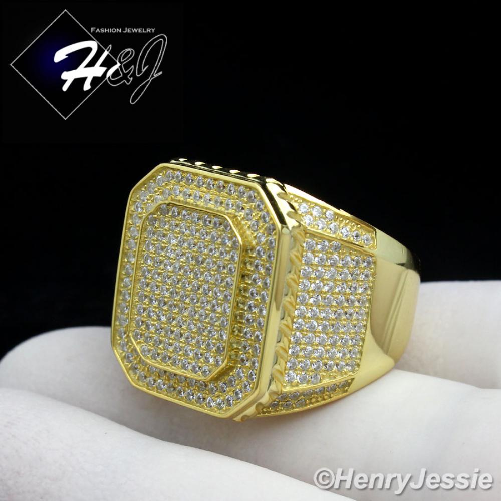 MEN 925 STERLING SILVER LAB DIAMOND ICED BLING GOLD RING*GR60