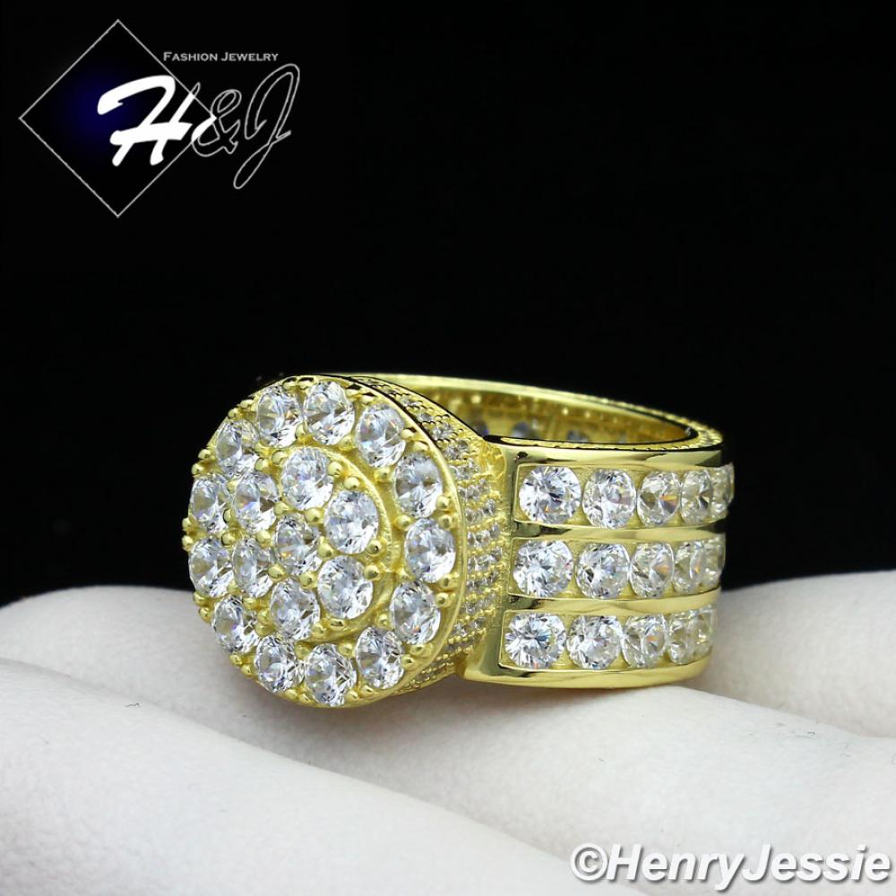 MEN 925 STERLING SILVER LAB DIAMOND ICED BLING ROUND GOLD RING*GR65