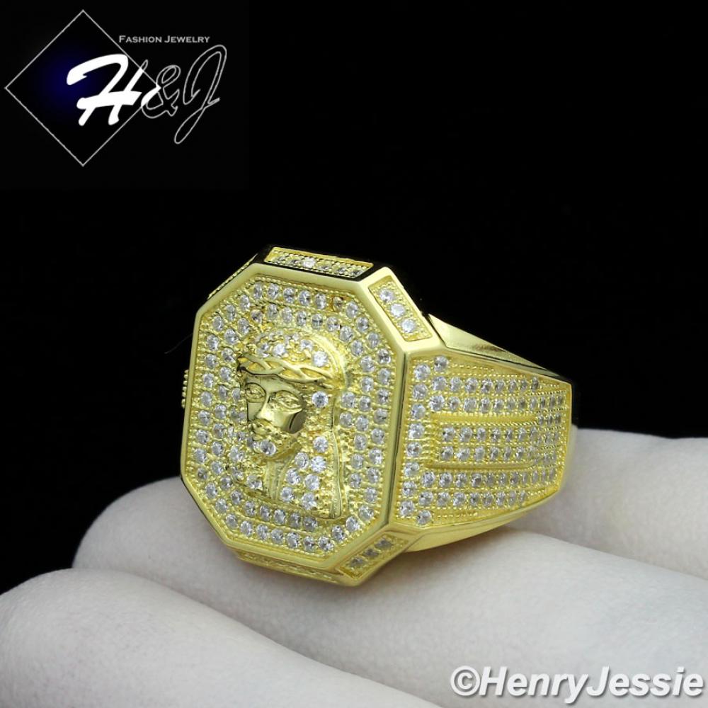 MEN 925 STERLING SILVER LAB DIAMOND ICED BLING GOLD JESUS FACE RING*GR68