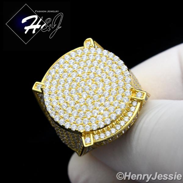 MEN 925 STERLING SILVER LAB DIAMOND ICED GOLD ROUND BLING RING*GR55