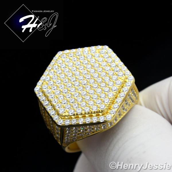 MEN 925 STERLING SILVER LAB DIAMOND ICED HEXAGON GOLD BLING RING*GR56