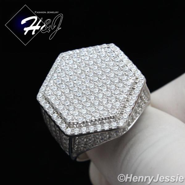 MEN 925 STERLING SILVER LAB DIAMOND ICED HEXAGON BLING RING*SR56