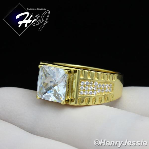 MEN 925 STERLING SILVER SQUARE LAB DIAMOND ICED GOLD BLING RING*GR57