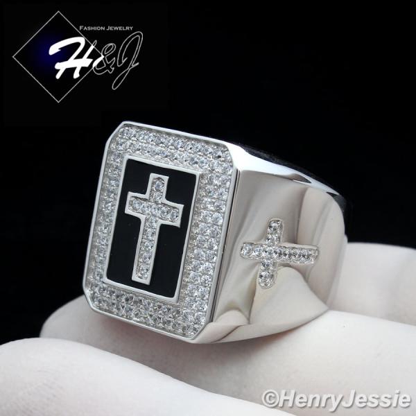 MEN 925 STERLING SILVER LAB DIAMOND ICED BLING BLACK/SILVER CROSS RING*SR58
