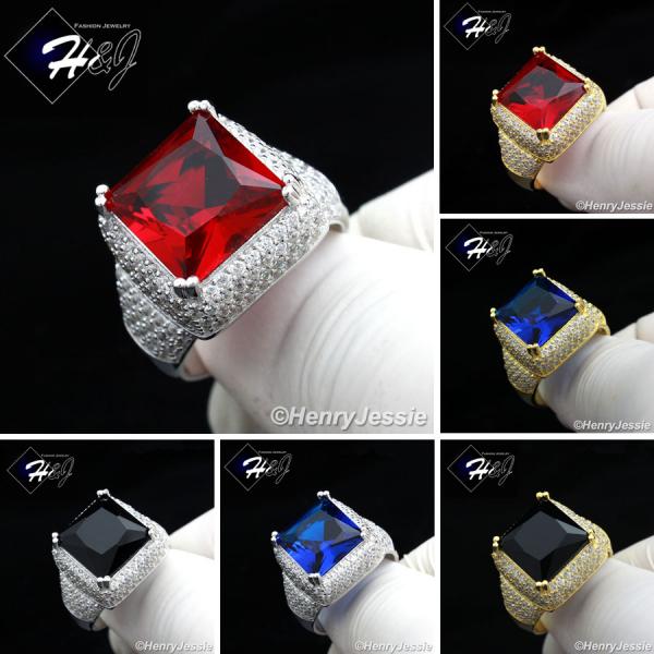 MEN 925 STERLING SILVE GOLD/SILVER ICED BLING SQUARE RUBY/ONYX/BULE RING*R50