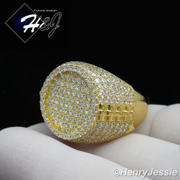 MEN 925 STERLING SILVER LAB DIAMOND ICED ROUND BLING GOLD RING*GR61