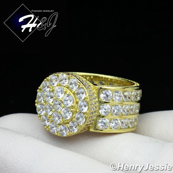 MEN 925 STERLING SILVER LAB DIAMOND ICED BLING ROUND GOLD RING*GR65