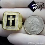 MEN 925 STERLING SILVER LAB DIAMOND ICED BLING BLACK/GOLD CROSS RING*GR58
