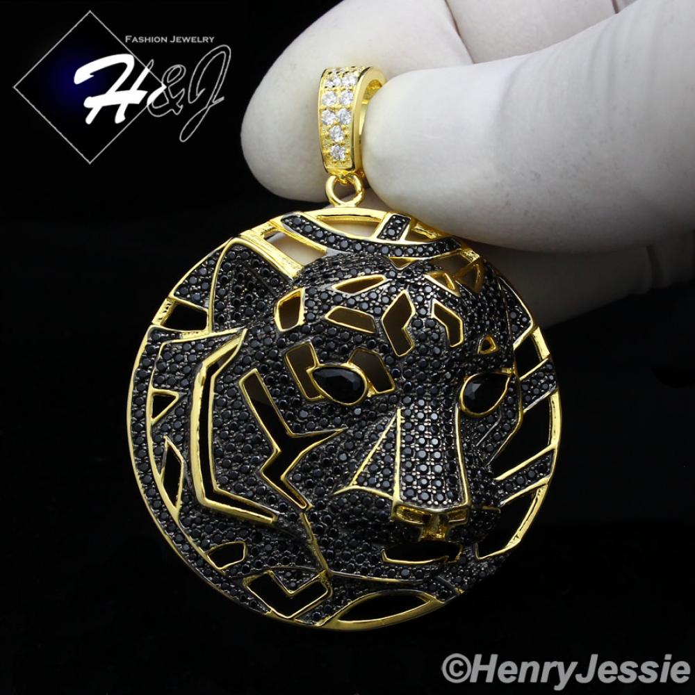 MEN 925 STERLING SILVER LAB DIAMOND BLACK/GOLD ICED BLING TIGER HEAD PENDANT*GBP46