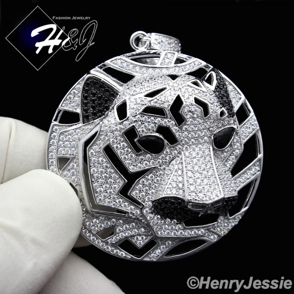 MEN 925 STERLING SILVER LAB DIAMOND ICED BLING TIGER HEAD CHARM PENDANT*SP46