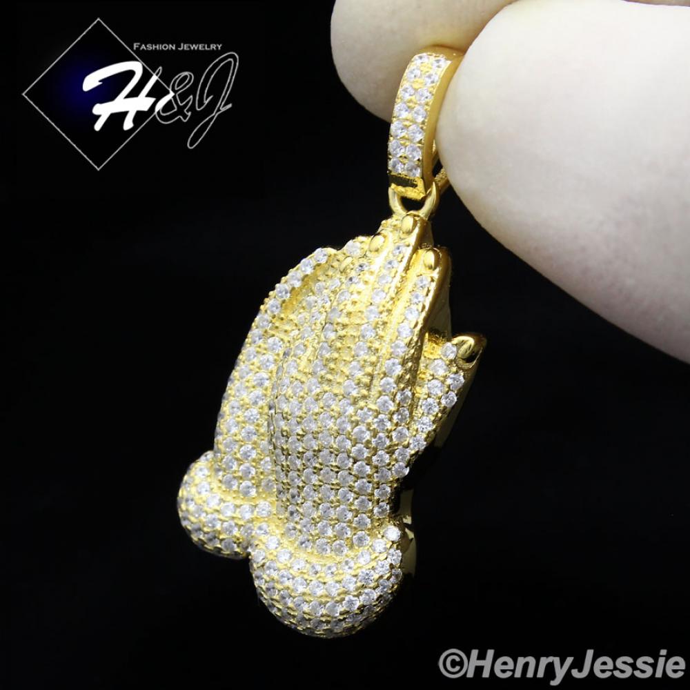 MEN WOMEN 925 STERLING SILVER ICED BLING PRAYING HANDS GOLD PENDANT*GP87