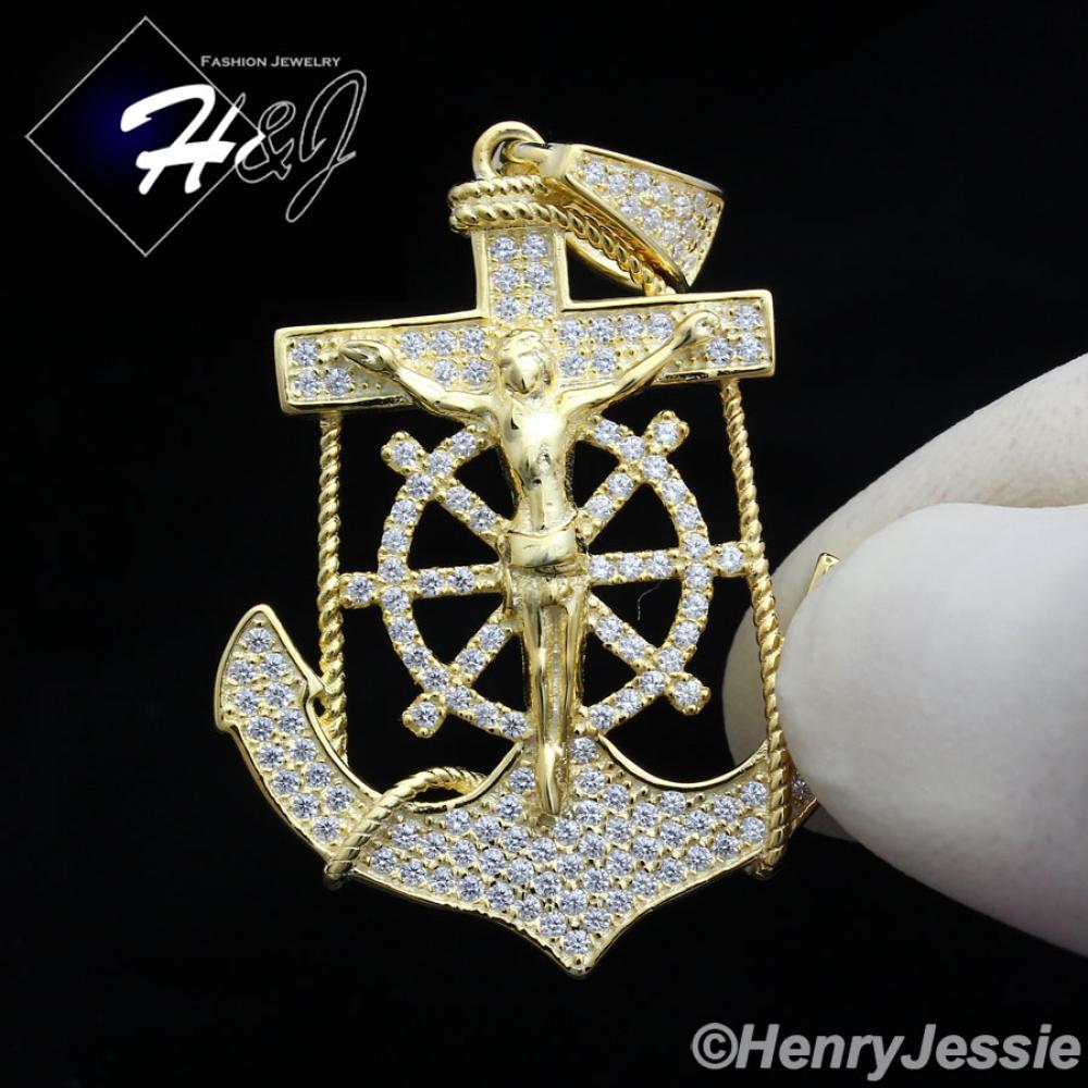 MEN 925 STERLING SILVER ICED BLING ANCHOR JESUS CROSS GOLD PENDANT*SP89
