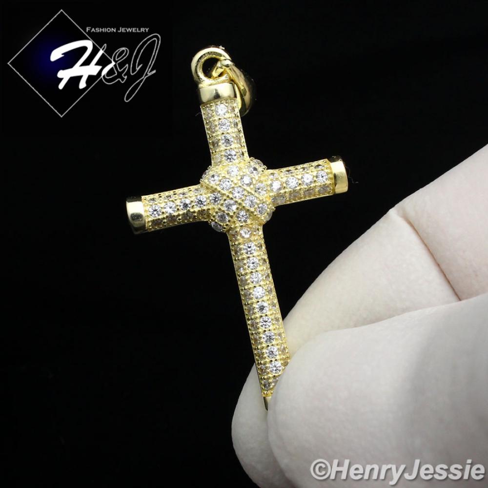 MEN WOMEN 925 STERLING SILVER LAB DIAMOND ICED BLING GOLD CROSS PENDANT*SP92