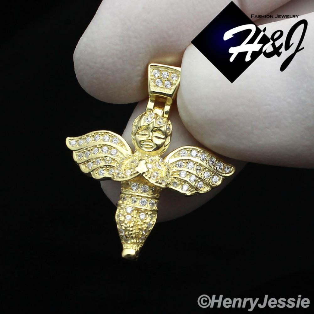 MEN WOMEN 925 STERLING SILVER ICED LITTLE ANGEL WING GOLD CHARM PENDANT*GP95