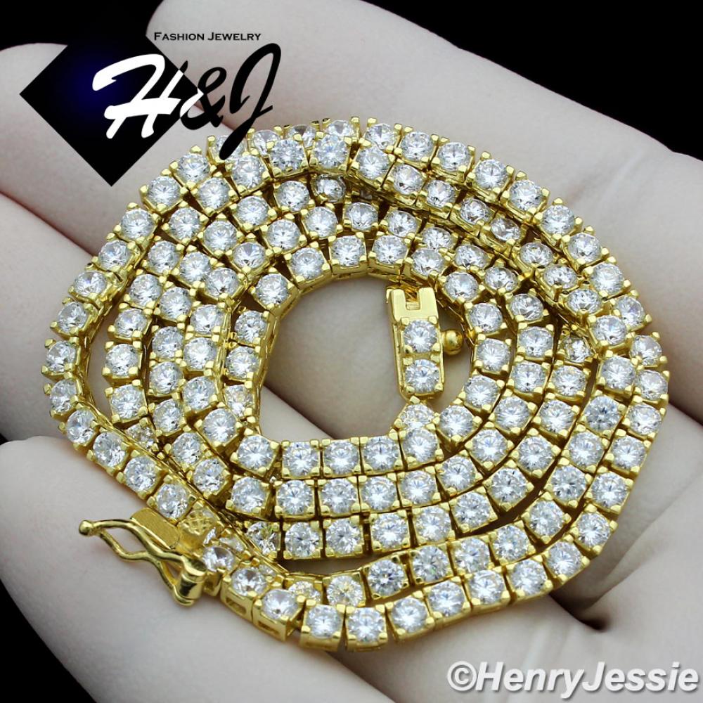 17-28"MEN WOMEN 925 STERLING SILVER 3MM GOLD ICED BLING 1 ROW TENNIS CHAIN NECKLACE*GN10