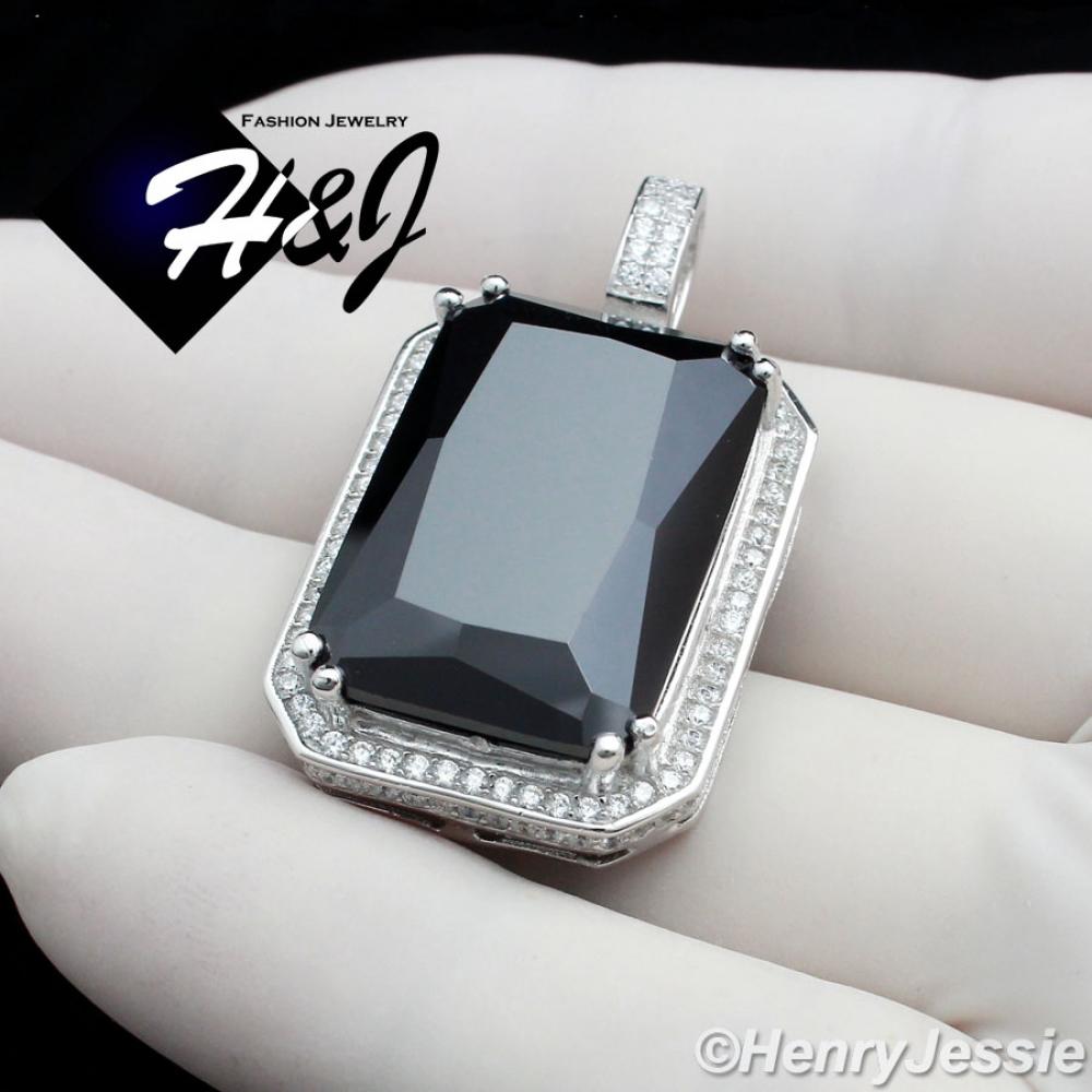 MEN 925 STERLING SILVER LAB DIAMOND ICED BLING HIP HOP BLACK ONYX PENDANT*SP104