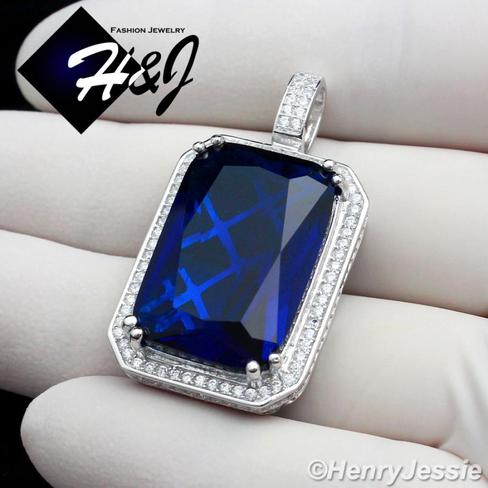 MEN 925 STERLING SILVER LAB DIAMOND ICED BLING HIP HOP SAPPHIRE PENDANT*SP108