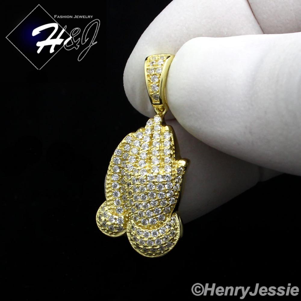MEN WOMEN 925 STERLING SILVER ICED PRAYING HANDS GOLD CHARM PENDANT*GP114