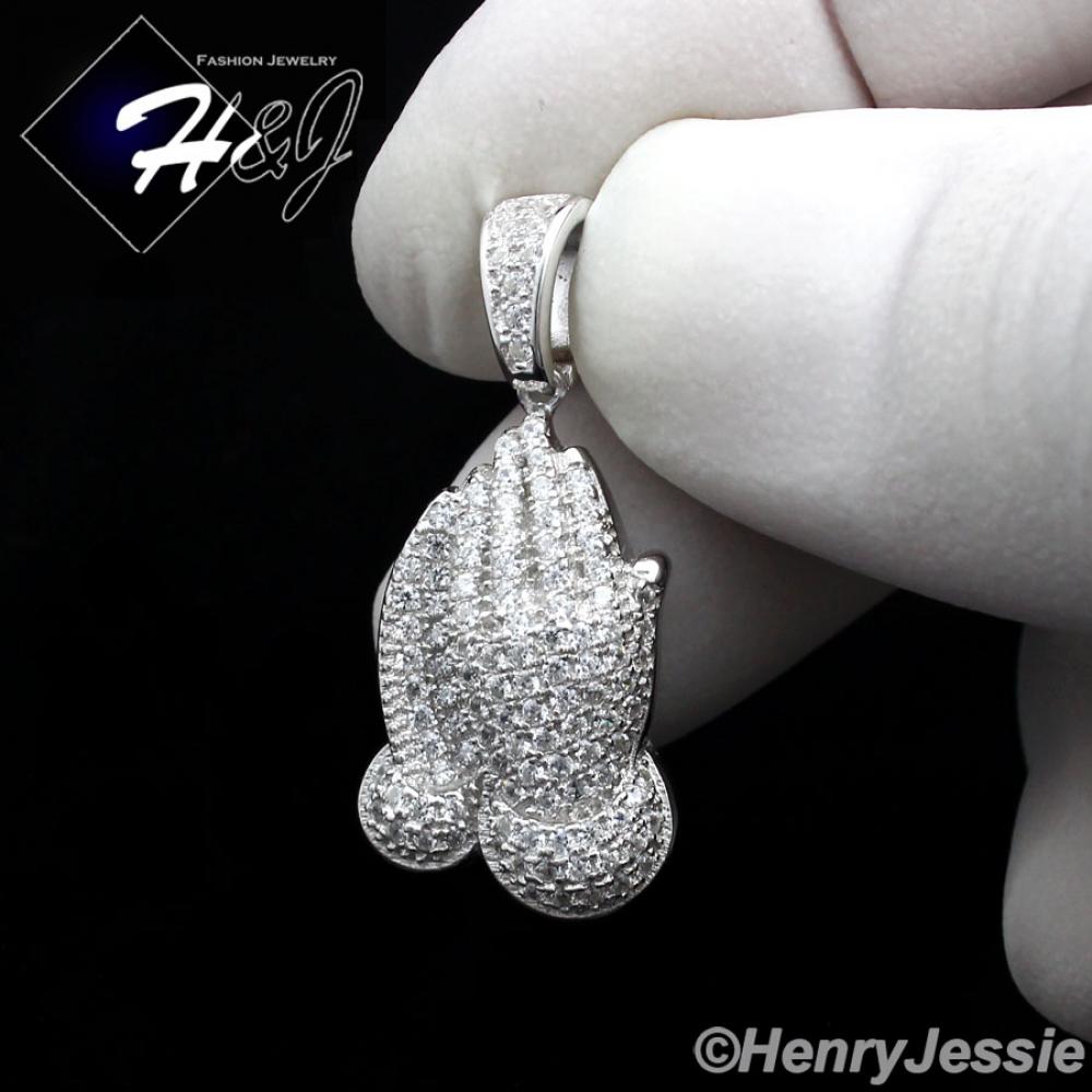 MEN WOMEN 925 STERLING SILVER ICED BLING PRAYING HANDS CHARM PENDANT*SP114