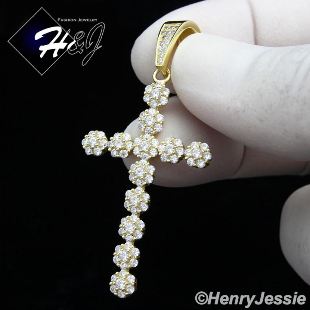 MEN 925 STERLING SILVER ICED BLING ROUND CZ CROSS GOLD CHARM PENDANT*GP128