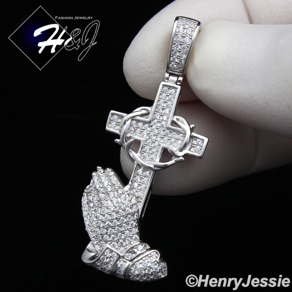 MEN WOMEN 925 STERLING SILVER ICED BLING PRAYING HANDS CROSS PENDANT*SP134