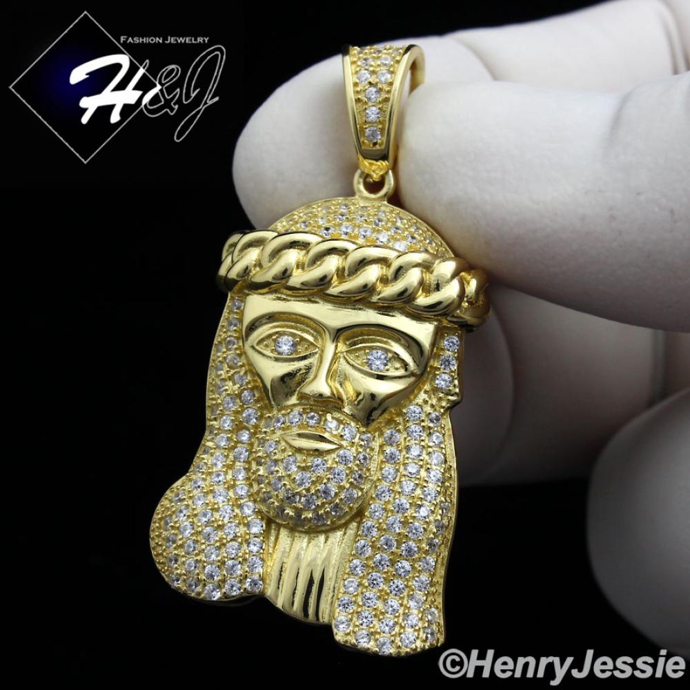 MEN 925 STERLING SILVER ICY BLING CZ JESUS FACE GOLD PLATED PENDANT*GP135