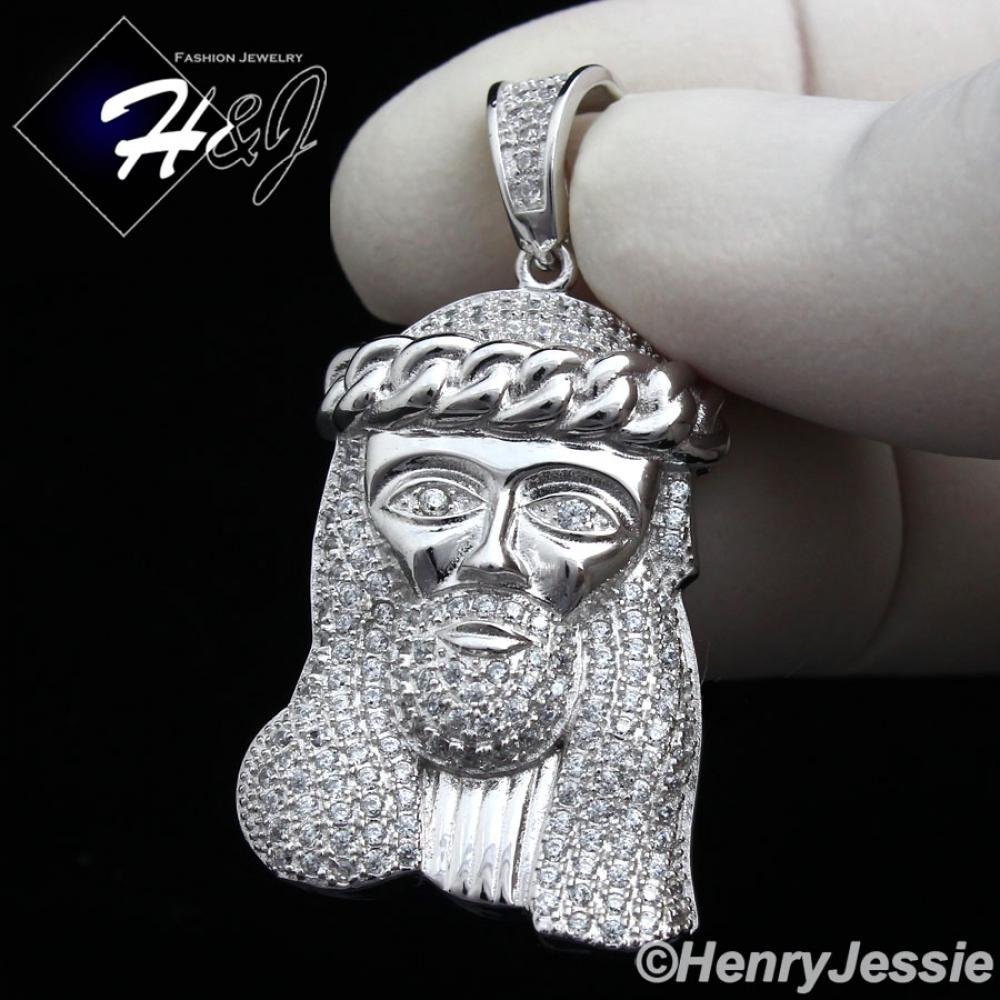 MEN SOLID 925 STERLING SILVER ICY BLING CZ HIPHOP 3D JESUS FACE CHARM PENDANT*P135