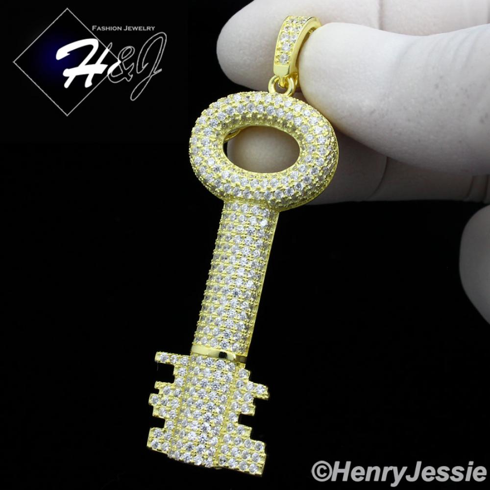 MEN 925 STERLING SILVER LAB DIAMOND ICED BLING GOLD KEY STYLE PENDANT*GP136