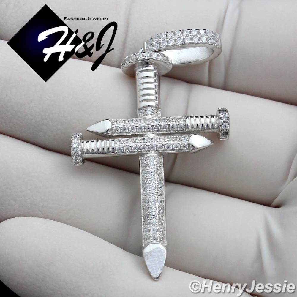 MEN SOLID 925 STERLING SILVER ICY BLING CZ 3D NAIL CROSS SILVER PENDANT*SP139
