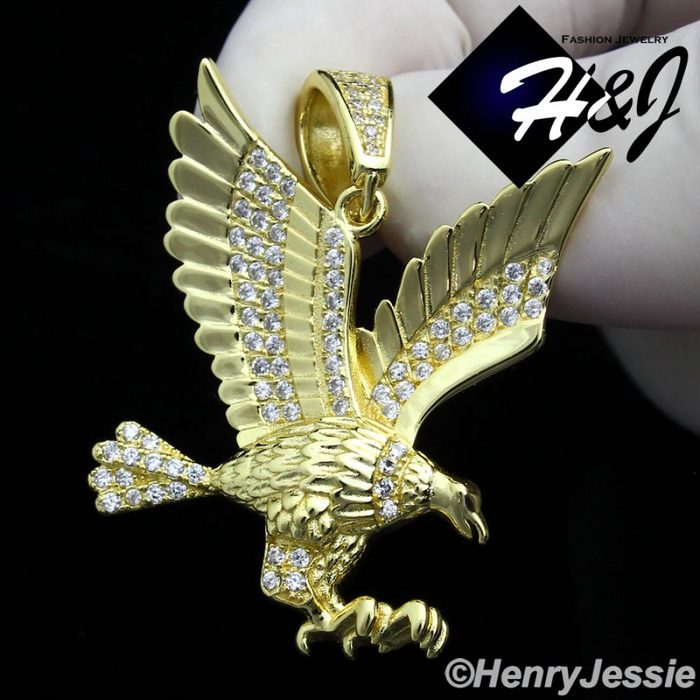 MEN 925 STERLING SILVER LAB DIAMOND ICED BLING 3D EAGLE GOLD PENDANT*GP149