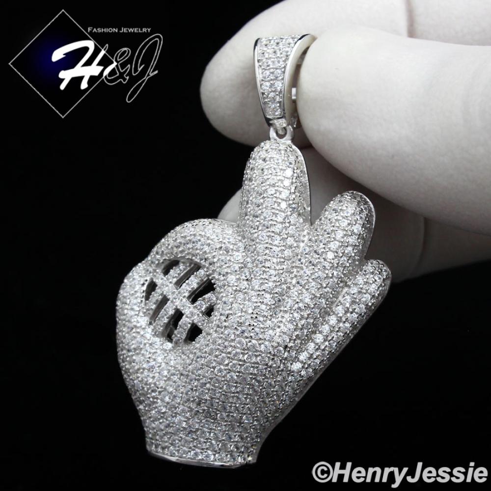 MEN 925 STERLING SILVER LAB DIAMOND ICED BLING BASEBALL GLOVE PENDANT*SP155
