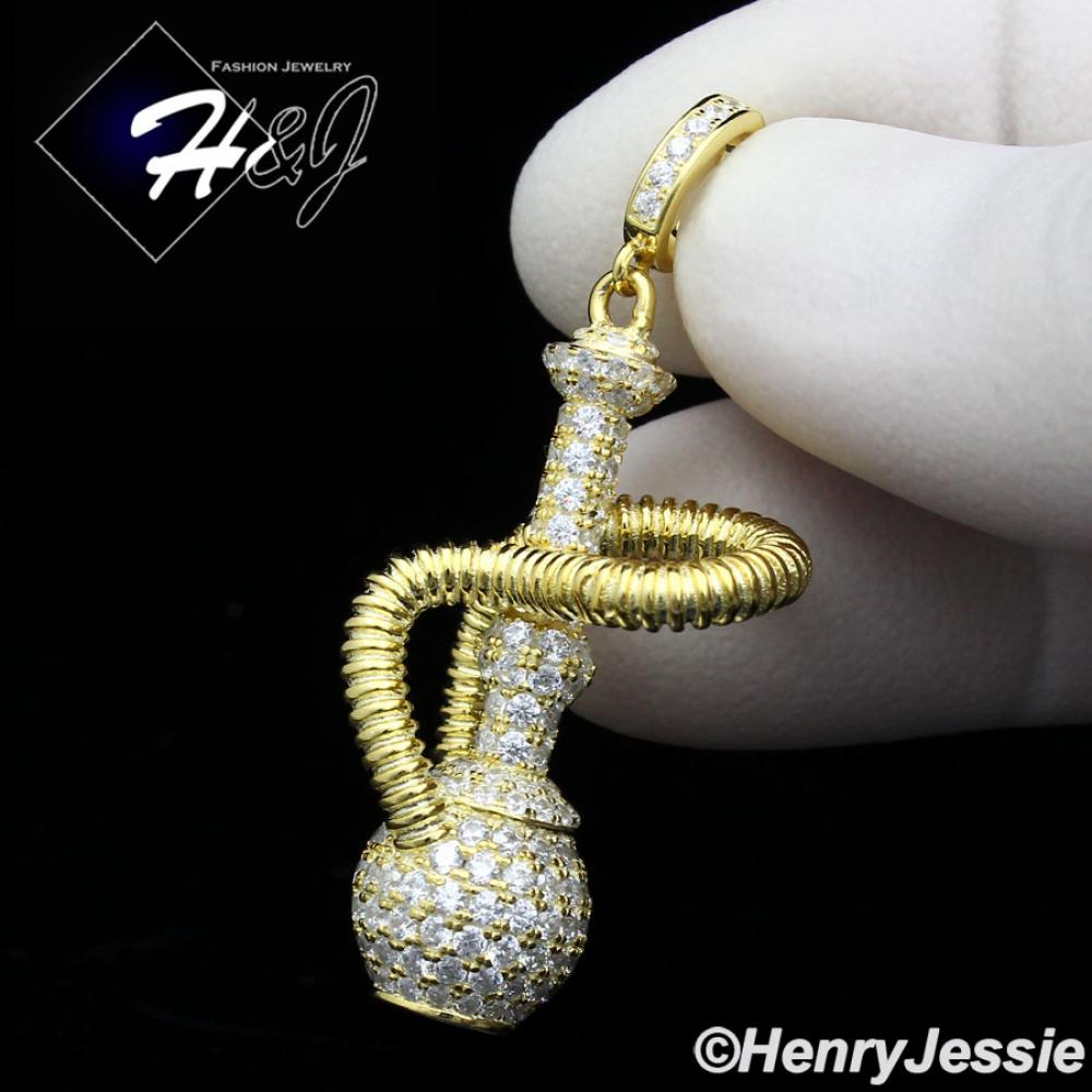 MEN 925 STERLING SILVER LAB DIAMOND ICED BLING 3D HOOKAH GOLD PENDANT*GP158