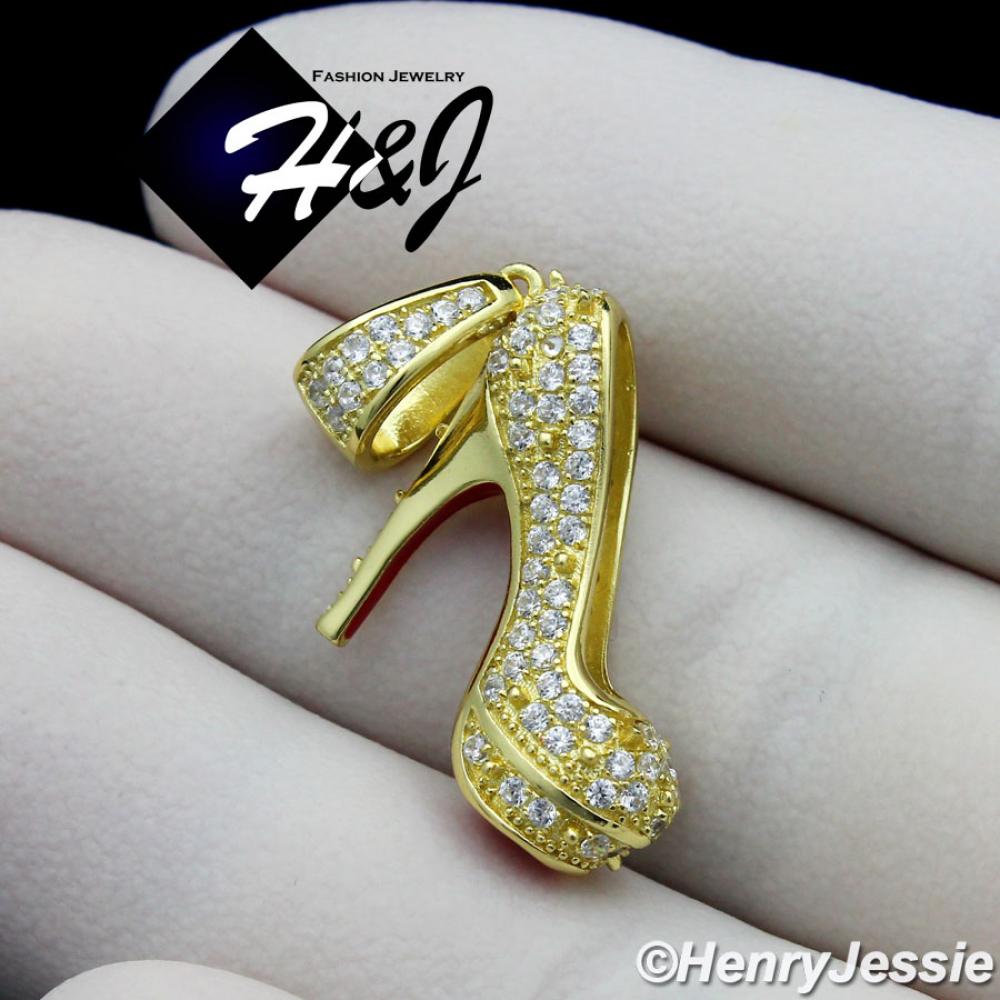WOMEN 925 STERLING SILVER LAB DIAMOND ICED 3D HIGH HEEL SHOE GOLD PENDANT*GP161