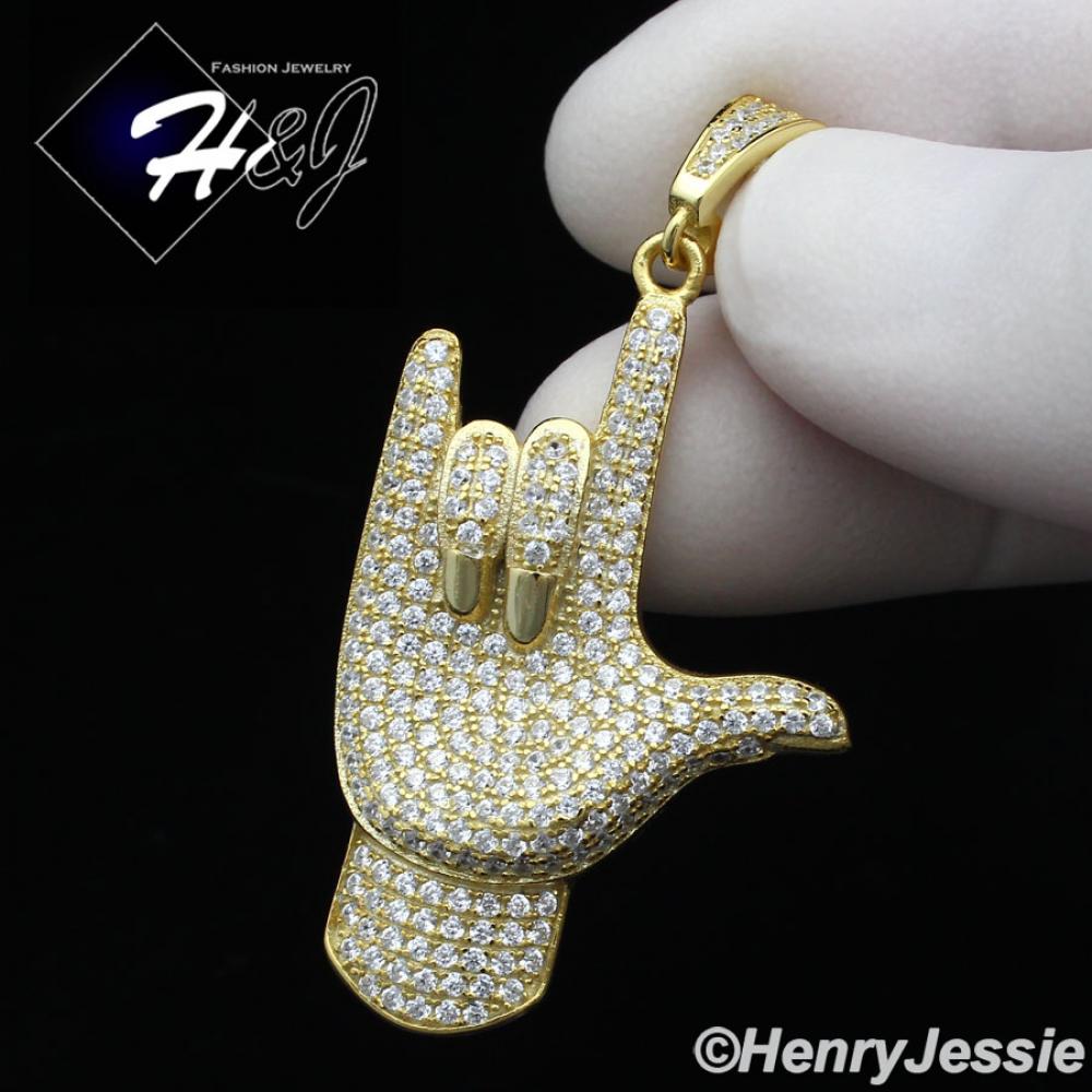 MEN 925 STERLING SILVER LAB DIAMOND ICED GOLD ROCK N' ROLL HAND PENDANT*GP171