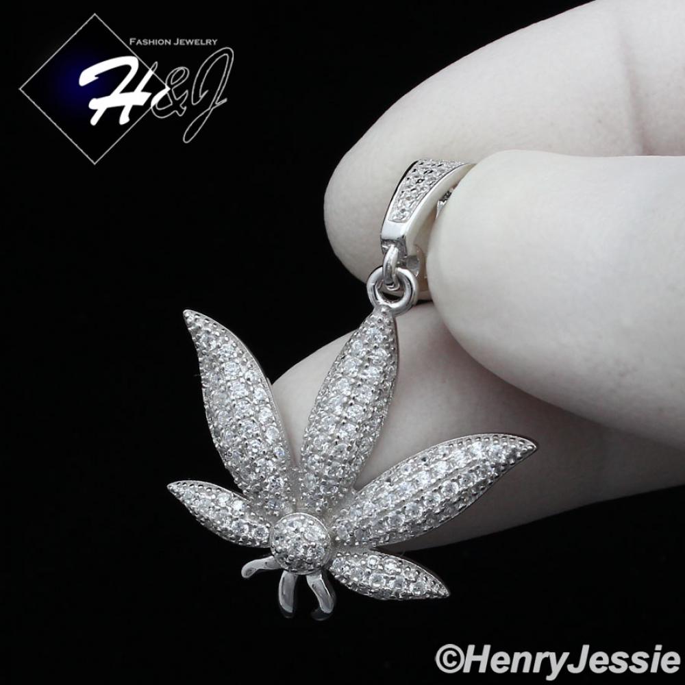 MEN WOMEN 925 STERLING SILVER LAB DIAMOND ICED BLING MARIJUANA LEAF PENDANT*P173