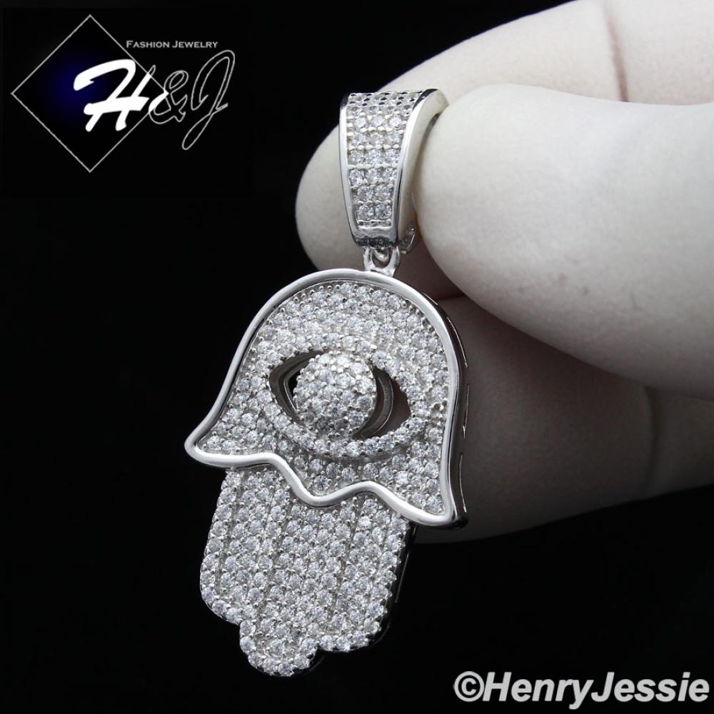 MEN WOMEN 925 STERLING SILVER LAB DIAMOND ICED EVIL EYE HAMSA HAND PENDANT*SP178