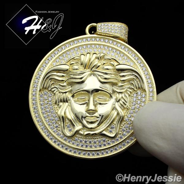 MEN 925 STERLING SILVER LAB DIAMOND ICED BLING HEAD GOLD ROUND PENDANT*GP43