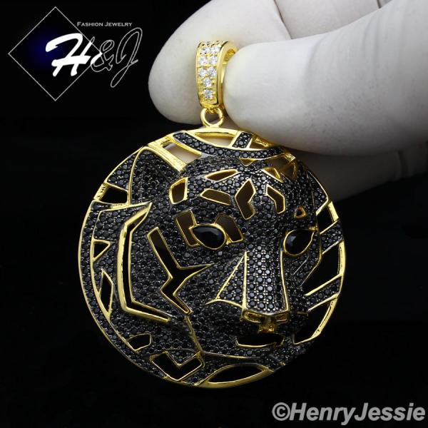 MEN 925 STERLING SILVER LAB DIAMOND BLACK/GOLD ICED BLING TIGER HEAD PENDANT*GBP46