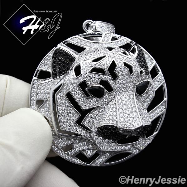MEN 925 STERLING SILVER LAB DIAMOND ICED BLING TIGER HEAD CHARM PENDANT*SP46