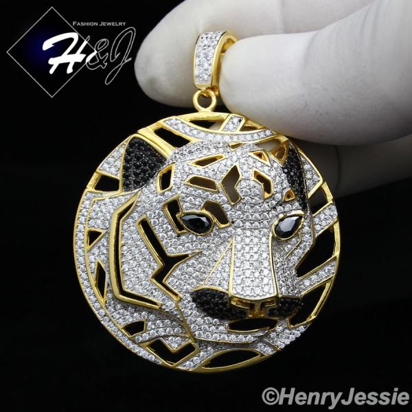 MEN 925 STERLING SILVER LAB DIAMOND GOLD/BLACK ICED BLING TIGER HEAD PENDANT*GP46