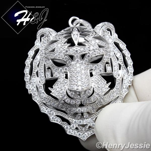 MEN 925 STERLING SILVER LAB DIAMOND ICED BLING TIGER HEAD 3D CHARM PENDANT*SP50