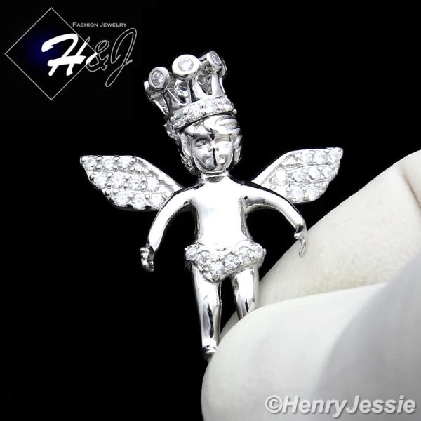 925 STERLING SILVER LAB DIAMOND ICED BLING LITTLE ANGEL CROWN PENDANT*SP69