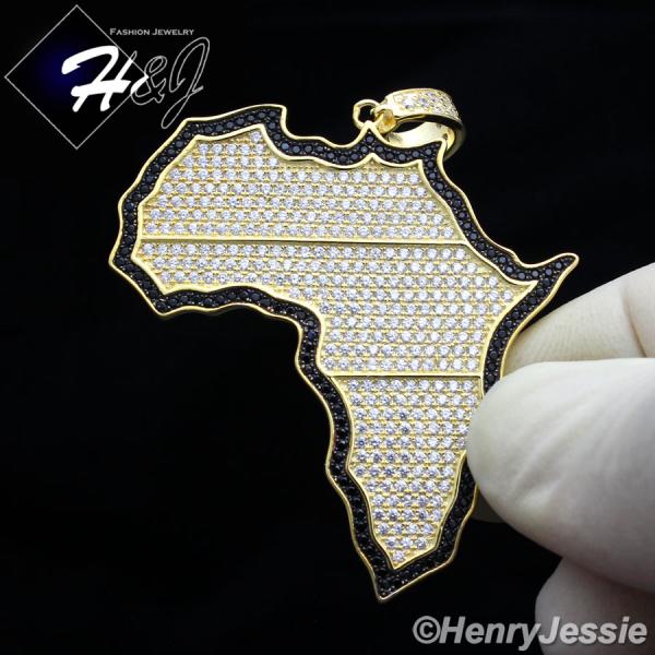 MEN 925 STERLING SILVER ICED BLING HIPHOP GOLD/BLACK AFRICA MAP PENDANT*SP81