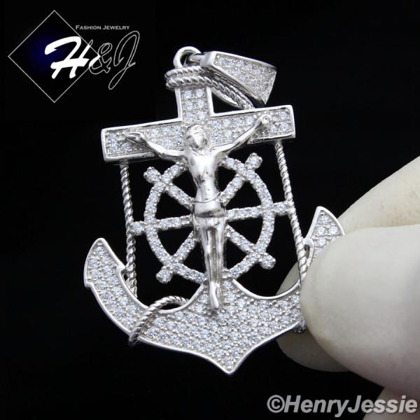 MEN 925 STERLING SILVER ICED BLING ANCHOR JESUS CROSS CHARM PENDANT*SP88