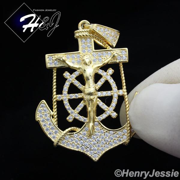 MEN 925 STERLING SILVER ICED BLING ANCHOR JESUS CROSS GOLD PENDANT*SP89