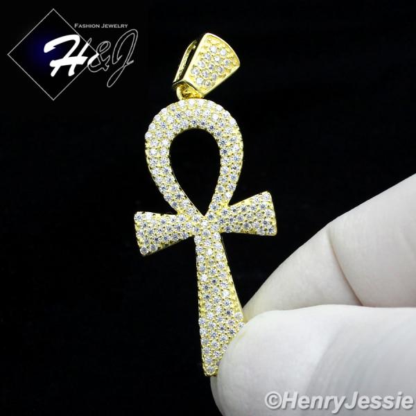 925 STERLING SILVER LAB DIAMOND ICED BLING ANKH KEY CROSS GOLD PENDANT*GP107