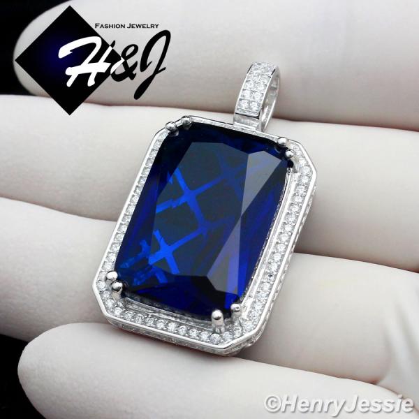 MEN 925 STERLING SILVER LAB DIAMOND ICED BLING HIP HOP SAPPHIRE PENDANT*SP108