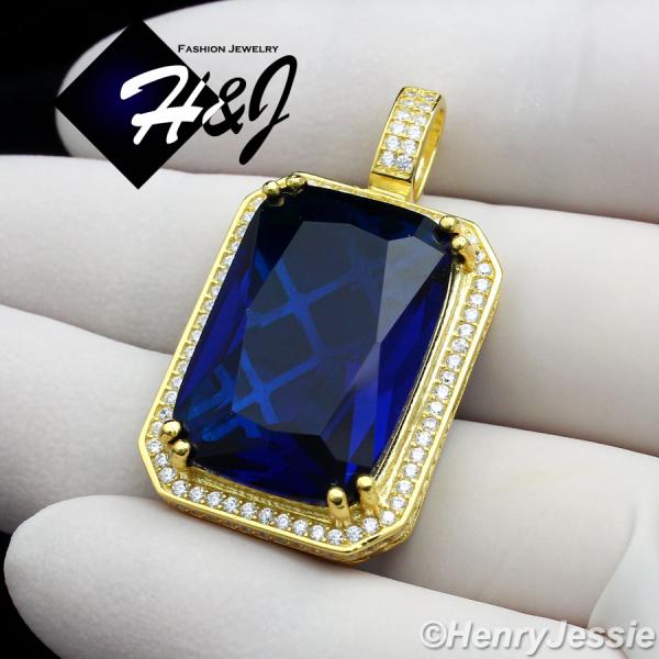 MEN 925 STERLING SILVER LAB DIAMOND ICED HIP HOP SAPPHIRE GOLD PENDANT*GP109
